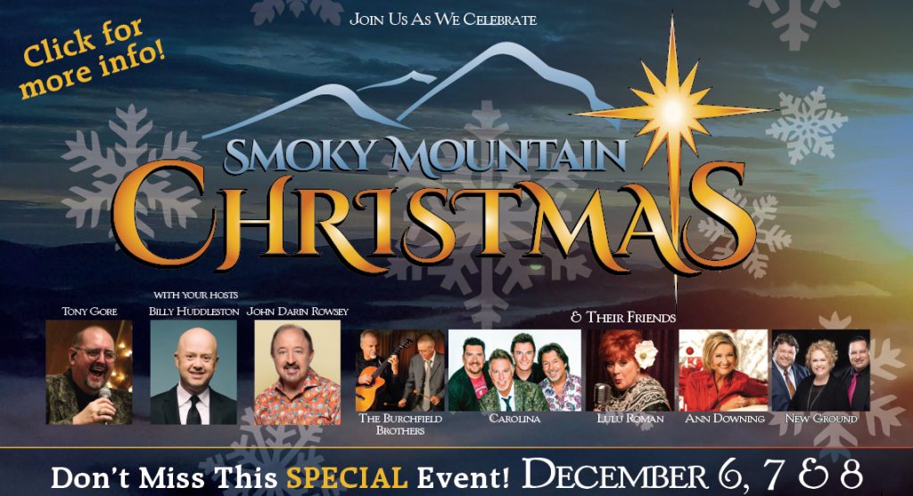 Smoky mountain chrstmas logo over a picture of teh mountains. Also shows pictures of teh performers who will entertianing during the 3 day event.
